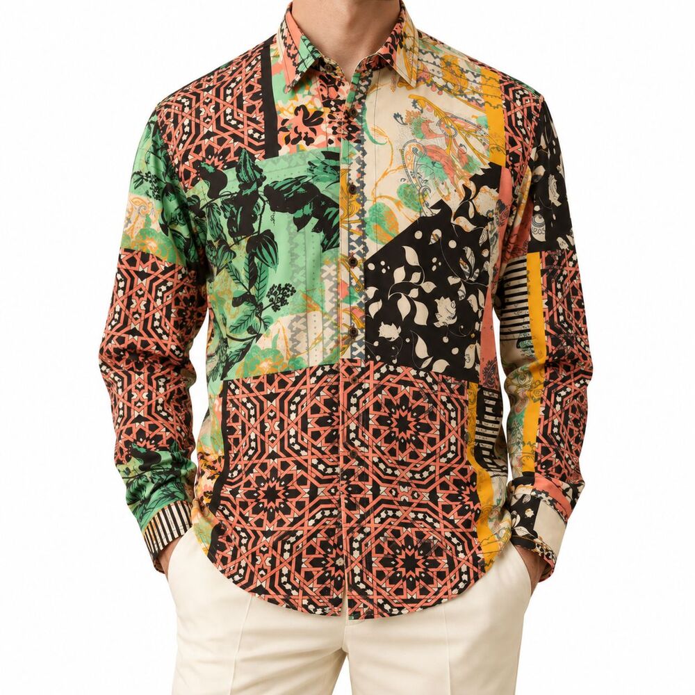 Mens Medium Silky Shirt Multicolor Baroque Tropical Patchwork Print Button Up